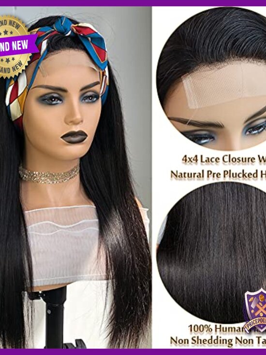 26in Human Hair Lace Closure Wig Glueless Pre Plucked Straight 180% Density